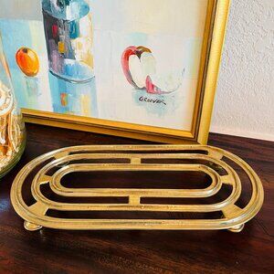 Vintage Brass Trivet Plant Stand Riser Oval Cottagecore Traditional Timeless 80s